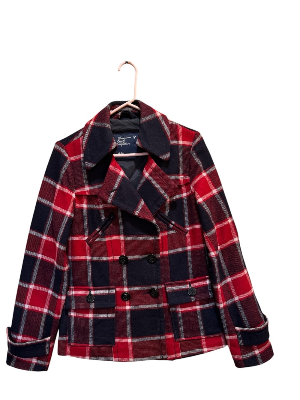 American Eagle Outfitters Womens Sz M Red Plaid Peacoat Wool Blend Quilted Lined